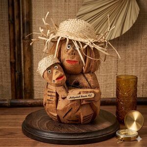 Vintage Florida Tiki Bar Decor | Hand-Carved Coconut Mother & Child Bank | 1980s
